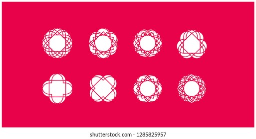 Set of flat vector icons isolated, connected geometric heart shape; white graphic signs on red background for logos, element of branding design and decoration, greetings, invitations, cards, web.