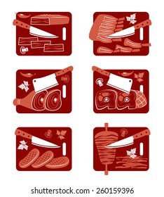 Set of flat vector icons of  meat and knife.