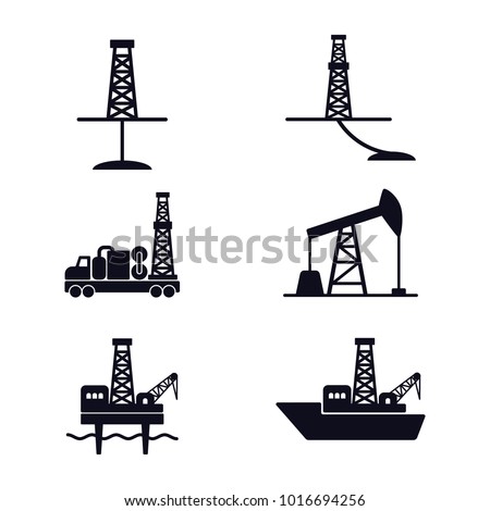 Set of flat vector icons for oil and gas industry; onshore and offshore drilling. EPS 10. 