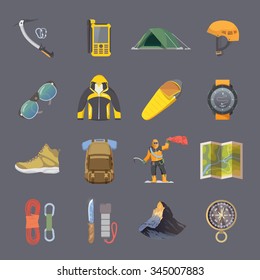 Set of flat vector icons on the theme of Climbing, Trekking, Hiking, Mountaineering. Extreme sports, outdoor recreation, adventure in the mountains, vacation. Achievement. Modern flat design