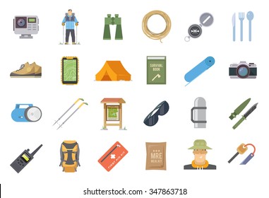 Set of flat vector icons on the theme of Climbing, Trekking, Hiking, Walking. Sports, outdoor recreation, adventures in nature, vacation. Modern flat design. #2