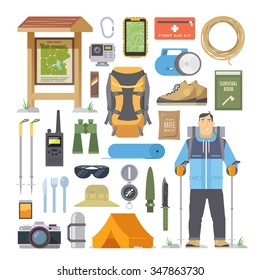 Set of flat vector icons on the theme of Climbing, Trekking, Hiking, Walking. Sports, outdoor recreation, adventures in nature, vacation. Modern flat design. #1