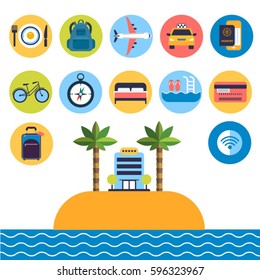 set of flat vector icons for planning and booking travel