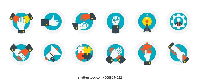 Set von flachen Vektorsymbol in Verbindung mit Business Theme. Ermutigen, handshake, Erfolg, Teambuilding-Symbole auf transparentem Hintergrund