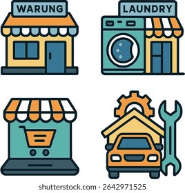 A set of flat vector icons representing small businesses including a traditional Indonesian warung, laundry service, e-commerce store, and car repair workshop. Modern, colorful, and minimalist design.
