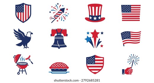 A set of flat vector icons representing American patriotism, including flags, fireworks, the Liberty Bell, and traditional holiday imagery.