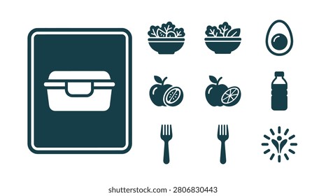 Set of flat vector icons representing healthy meal prep, featuring a lunch box, salad bowls, apples, oranges, an egg, water bottle, forks, and wellness symbols on white background.