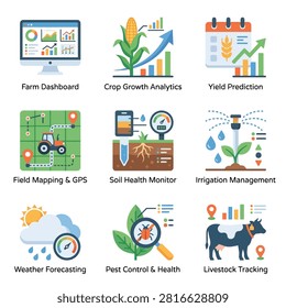 A set of flat vector icons representing modern agricultural technologies like precision farming, crop analytics, soil monitoring, irrigation, and livestock tracking.