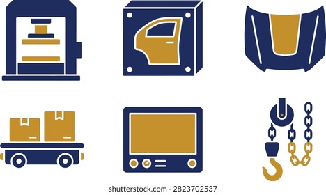 A set of flat vector icons representing automotive manufacturing processes, heavy machinery, and industrial logistics operations.