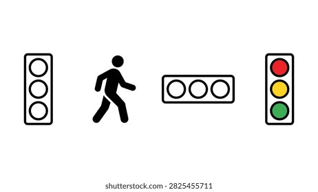 Set of flat vector icons representing traffic lights and pedestrian signal symbols
