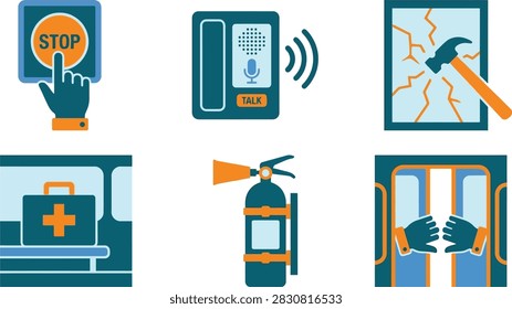 A set of flat vector icons representing emergency safety equipment and procedures for public transportation or building facilities.