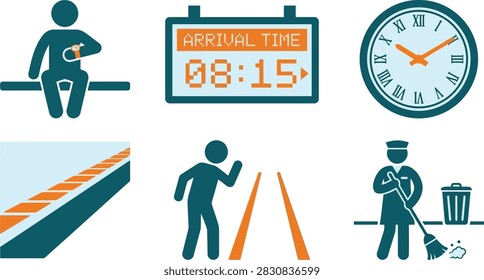 A set of flat vector icons representing travel, transportation, and station activities including waiting, arrival times, clocks, tracks, and cleaning.