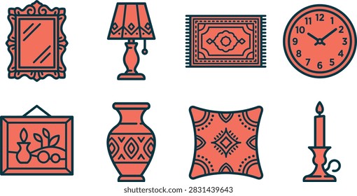 A set of flat vector icons representing various home decor items including a mirror, lamp, rug, clock, picture frame, vase, pillow, and candle.