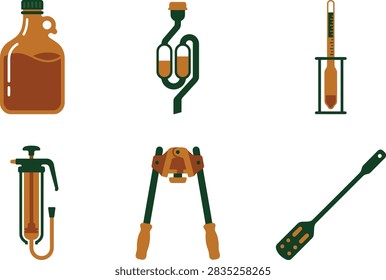 A set of flat vector icons representing essential equipment for home brewing beer, including a glass jug, airlock, hydrometer, capper, and stirring paddle.