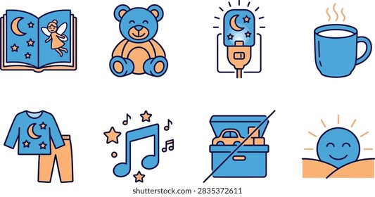 A set of flat vector icons representing bedtime routines including a storybook, teddy bear, nightlight, warm milk, pajamas, lullaby music, toy box, and sunrise.