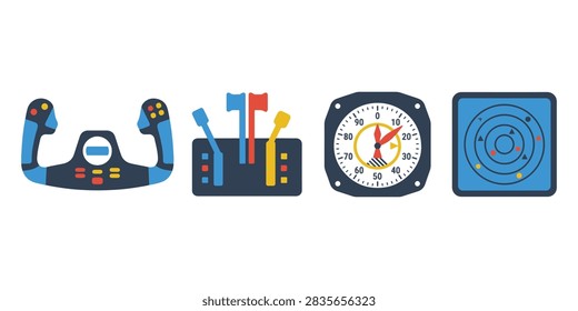 Set of flat vector icons representing essential aircraft cockpit instruments and flight control systems.
