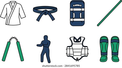 A set of flat vector icons representing various martial arts equipment, including uniforms, protective gear, and traditional training weapons.