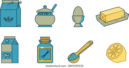 A set of flat vector icons representing basic baking ingredients including flour, sugar, egg, butter, milk, vanilla extract, powder, and lemon.
