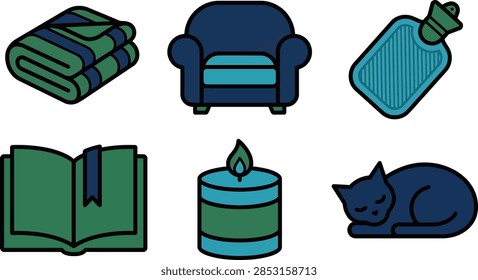 A set of flat vector icons representing cozy home elements including a blanket, armchair, hot water bottle, open book, candle, and a sleeping cat.