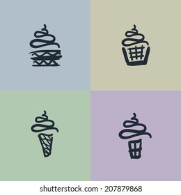 Set of flat vector icons in round shape. Black and white illustrations of cupcakes, ice cream, cappuccino, milk shakes. Cold, frozen dessert after meal in glass bowl.