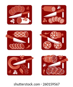 Set of flat vector icons of  sausage and knife