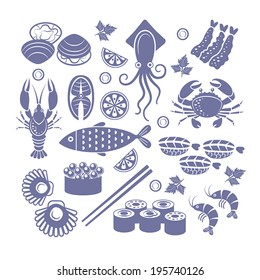 Set of flat vector icons seafoods and sushi.