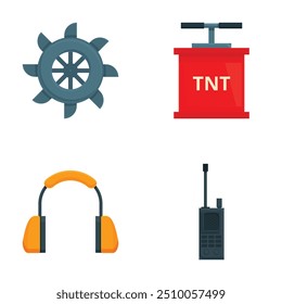Conjunto de iconos vectoriales planos con rueda de barco, detonador de tienda, orejeras y walkietalkie