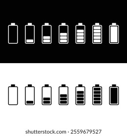 A set of flat vector icons showing battery symbols at various charge levels