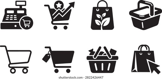 A set of flat vector icons showing shopping elements like carts, bags, sale tags, and a checkout machine. Ideal for retail, e-commerce, and sale promotion designs. Simple and clear for use in websites, apps, or print materials.