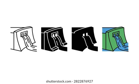 Set of flat vector icons showing hydroelectric dam structures with flowing water