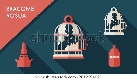 A set of flat vector icons showing a broken birdcage with an open door and bird silhouettes representing freedom and liberation