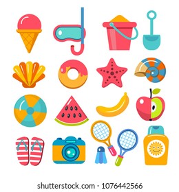 set of flat vector icons for summer holidays and beach activitie