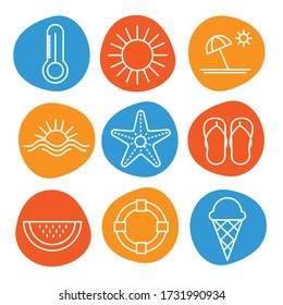 Set of flat vector icons for summer (thermometer, sun, sea, sunset, starfish, Slippers, watermelon, lifebuoy, ice cream)
