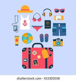 set of flat vector icons for summer travel