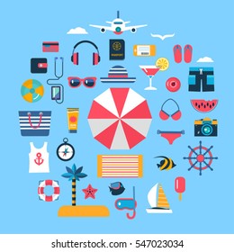 set of flat vector icons for summer travel