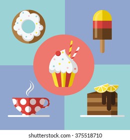 Set of flat vector icons for a sweet tea. Cakes, ice cream, donuts, and a cup of tea.