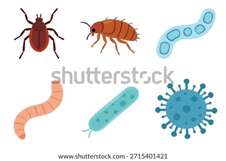 Set of flat vector icons with tick, flea, worms, bacteria and virus causing diseases in cats and dogs, isolated on white background, suitable for veterinary, medical and pet care topics.