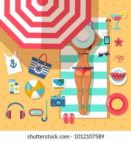 set of flat vector icons for vacation on beach with sunbathing g