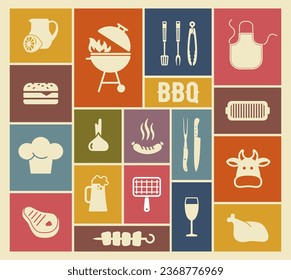 Set of flat vector icons in vintage style on the theme of BBQ