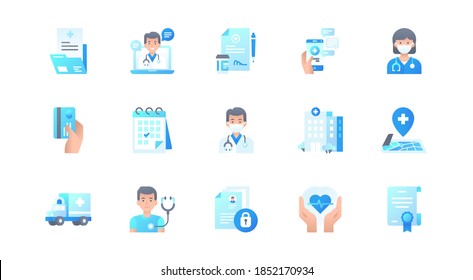 Set of flat vector icons for website, mobile app or graphic design. Medical support, online health care, health insurance, pharmacy, medical services modern elements