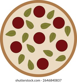 A set of flat vector icons of whole pizzas and slices with various toppings like pepperoni, basil, cheese, and mushrooms. Great for food apps, menus, and restaurant branding.
