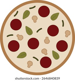 A set of flat vector icons of whole pizzas and slices with various toppings like pepperoni, basil, cheese, and mushrooms. Great for food apps, menus, and restaurant branding.