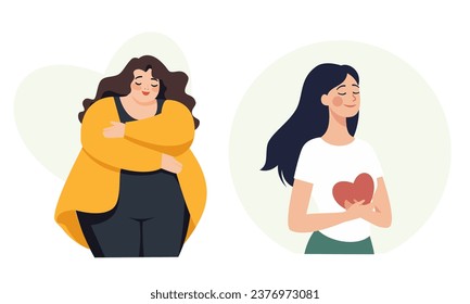 Conjunto de ilustraciones vectoriales planas sobre amor propio. Además, el sitio web de chicas tallas más grandes y chicas flacas aman y aceptan su cuerpo. Concepto de autoaceptación y amor propio