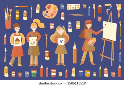 Set of flat vector illustration artists adults and children on a blue background. Materials for drawing, art studio, designing, drawing, art, education, creativity. The artist paints a picture in oil
