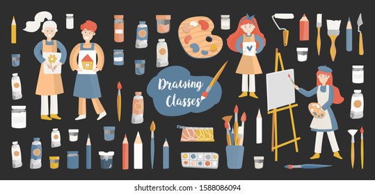 Set of flat vector illustration artists adults and children on a blue background. Materials for drawing, art studio, designing, drawing, art, education, creativity. The artist paints a picture in oil