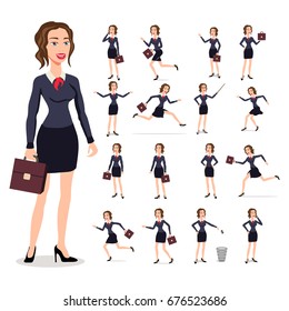 set Flat vector illustration of business women silhouettes full length on white background. Business woman in dark suit in different poses at work presentation. art