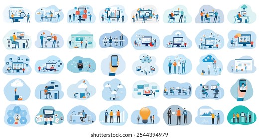set flat vector illustration design style concept. business cartoon character design. team working and online video conference meeting. business planning. data analytics. finance investment.