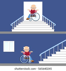 Set Of Flat Vector Illustration Of Difficulties Of Access For People With Disability. Old Man In A Wheelchair Near The Stairs  Problem Of Barrier Free Environment For Physically Challenged People.