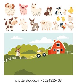 Set of flat vector illustration. Domestic farm animals. Cow pig lamb sheep sheep horse dog cat goose duck hen rooster goat. Farm landscape. Animals are isolated on a white background 