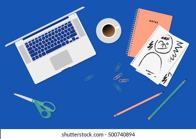 Set of flat vector illustration of modern business workspace. Top view of desk with laptop, office objects with cup of coffee